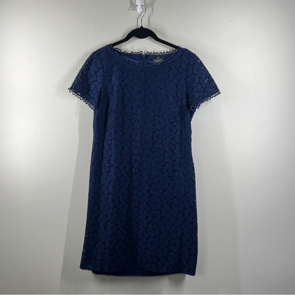 ADRIANNI Papell women’s short sleeve blue lace midi dress zip up